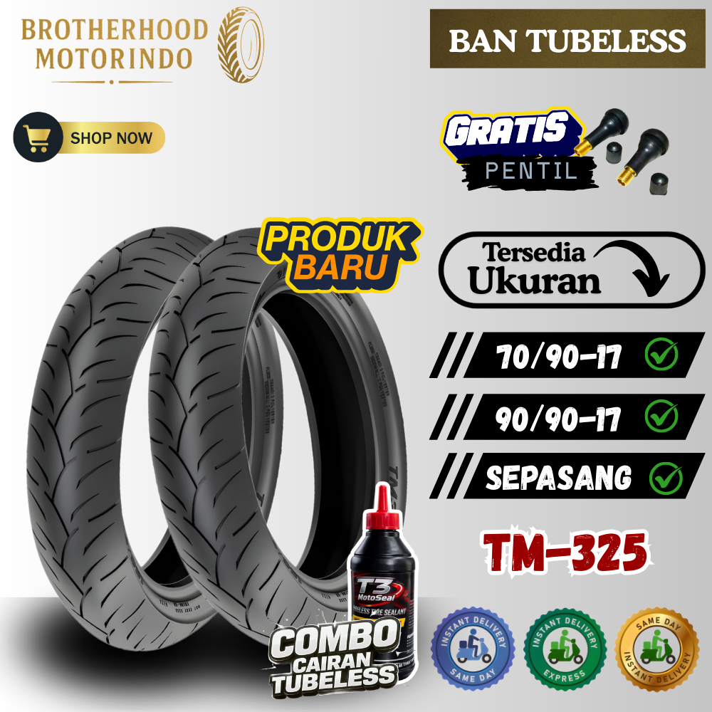 (PAKET SEPASANG) BAN TOMIMOTO TM325 TUBELESS (70/90-17 / 90/90-17) BAN TUBBLES / BAN TOMIMOTO RING 1