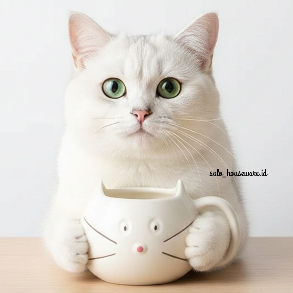 Mug Kucing - Mug Keramik Bentuk Kepala Kucing - Cangkir Motif Kucing Putih Lucu - Cangkir Souvenir -