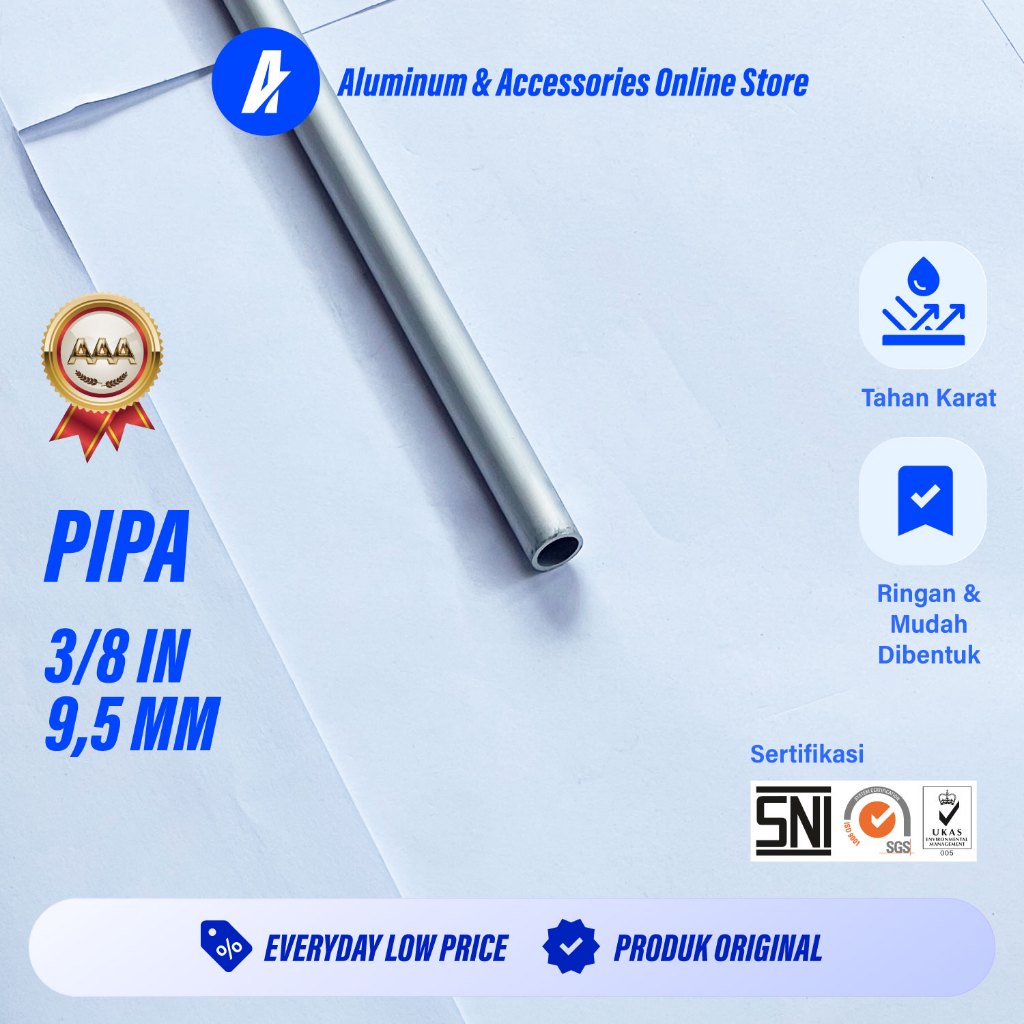 ALUTERRA Pipa Aluminium Diameter Luar 9,5 mm (3/8 Inch) • Tebal 1 mm • Diameter dalam sekitar 0,75 c