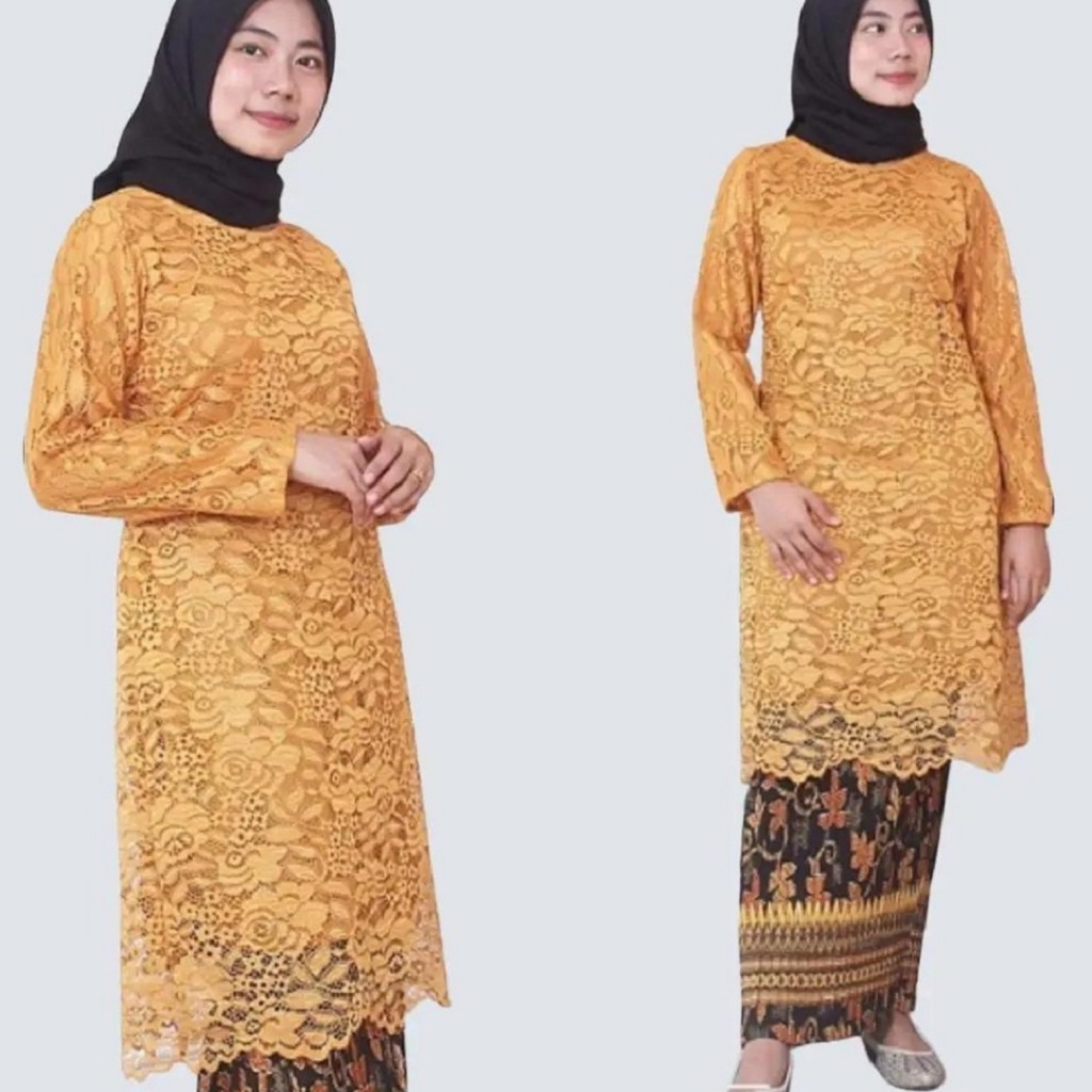 Set Kebaya Modern Wisuda Bahan Brokat Full Puring Warna Gold