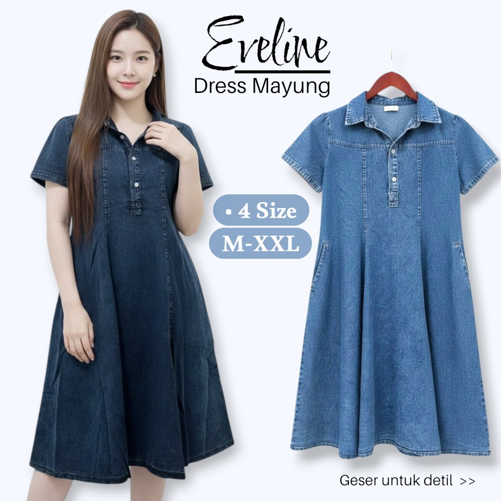 Dress Wanita Jumbo Denim 4 Ukuran LD 100 110 120 130 Baju Jeans Midi Atasan Wanita Premium