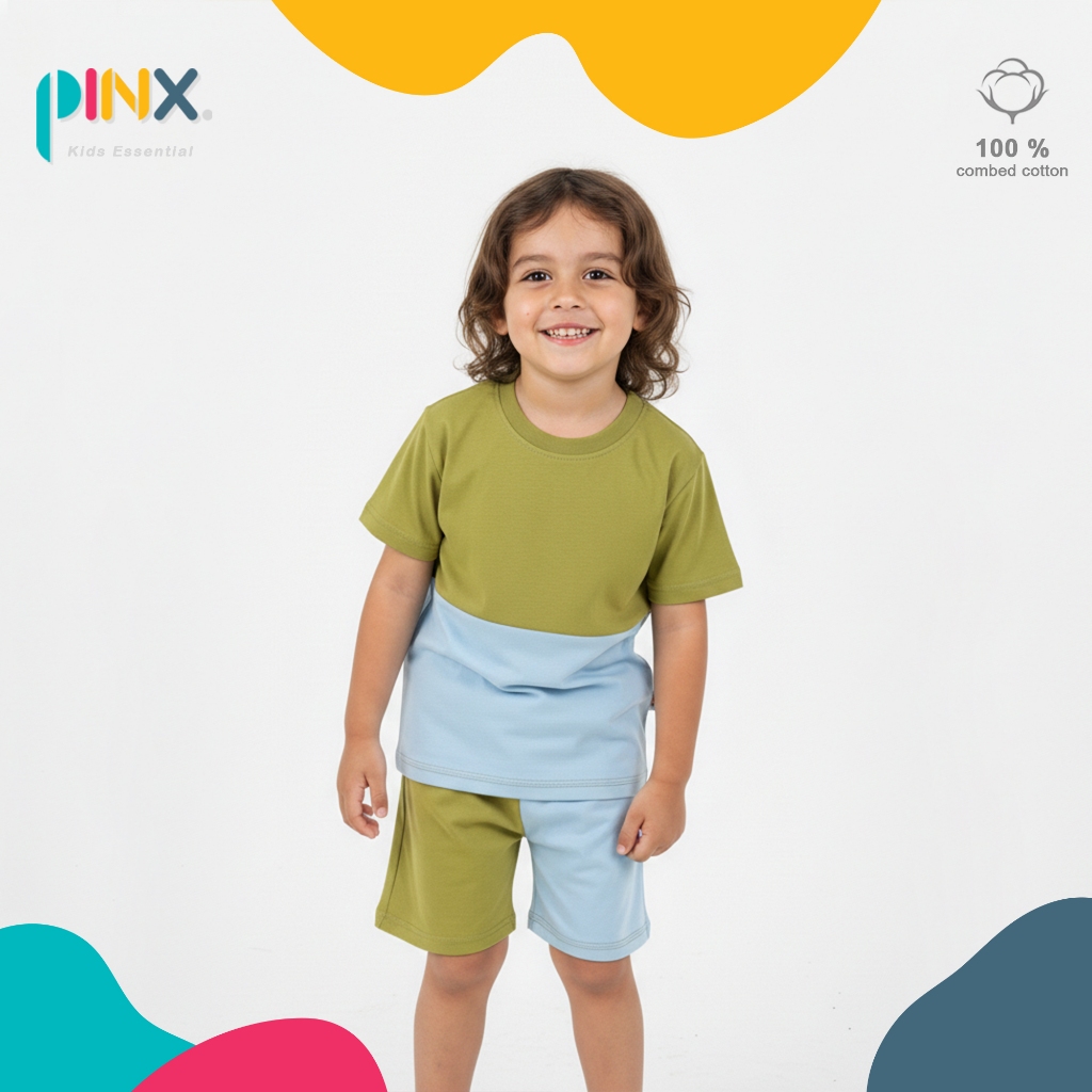 SALE PinxKids - Setelan Anak usia 1 - 8 tahun Two tone / Setelan anak Lime x Sky Blue