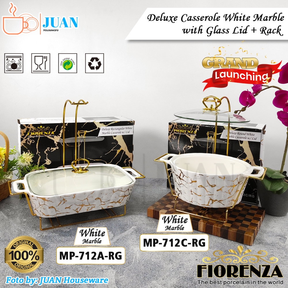 FIORENZA Wadah Saji Prasmanan Bulat Segi Tutup Kaca Keramik Elegan Putih Marmer / Deluxe Casserole W
