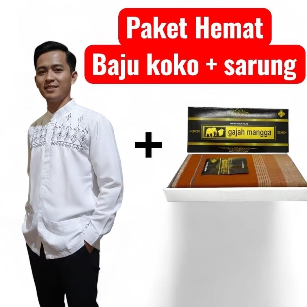 Paket Baju koko Pria lengan panjang putih motif Bordir dan sarung gajah mangga