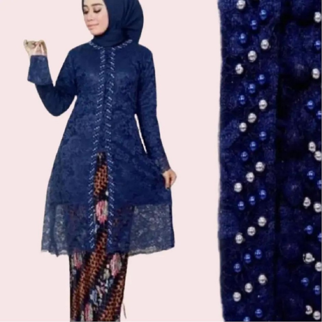 Set Kebaya Tunik Payet Bahan Brokat Full Puring Lengan Panjang Warna Navy