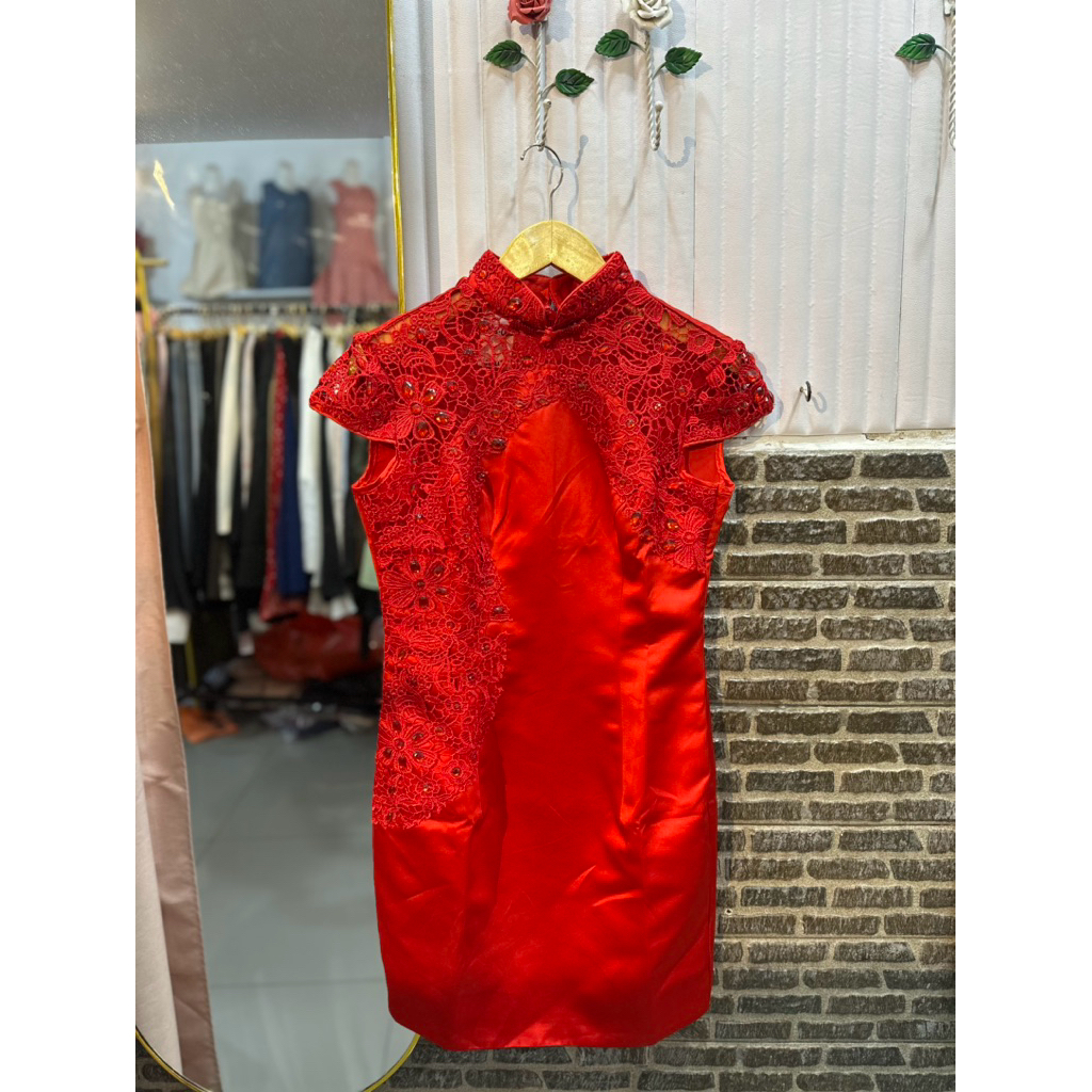 qipao cheongsam red dress wanita mewah glitter pesta party look teapay phangteh