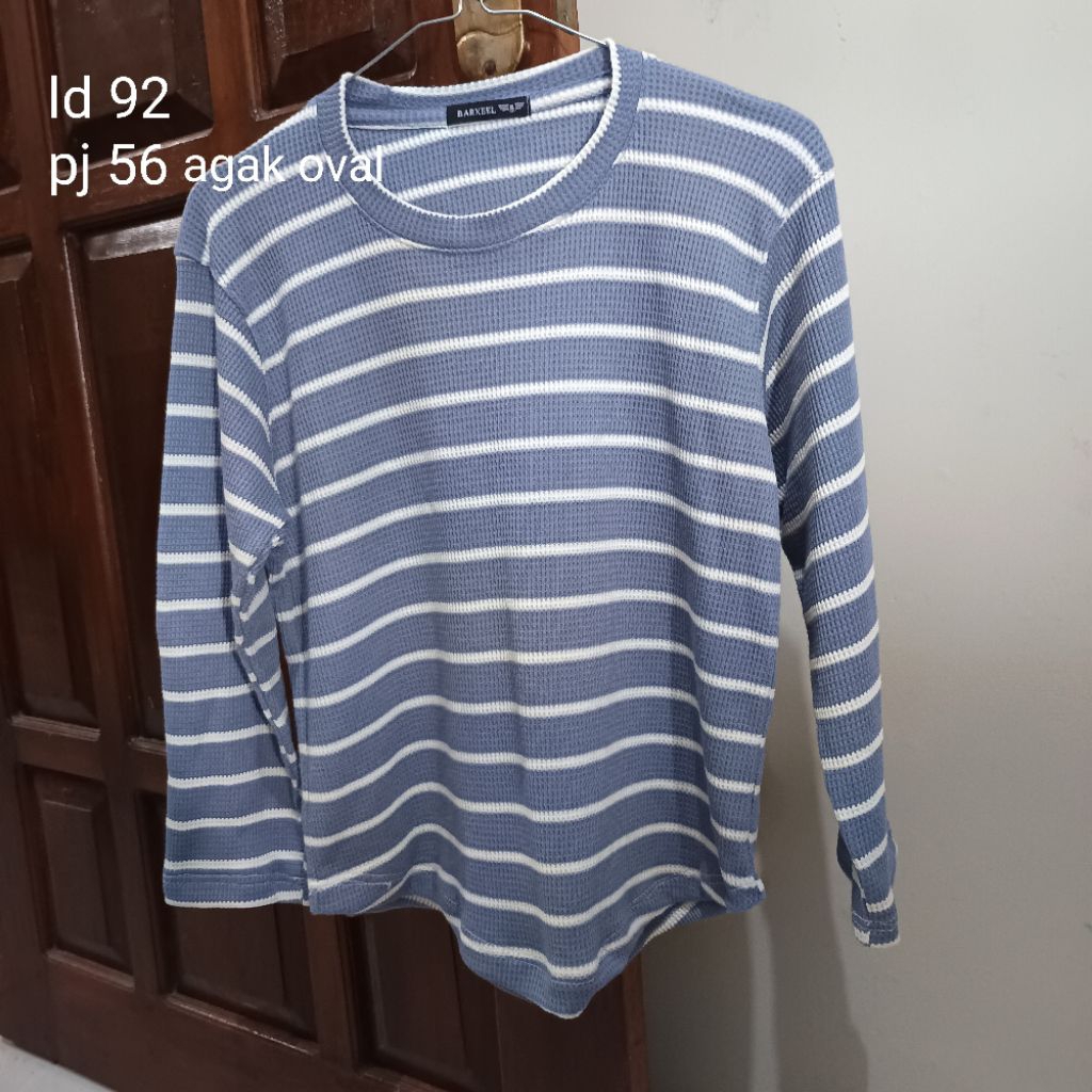 Preloved pl kaos atasan wanita stripe biru langit waffle premium