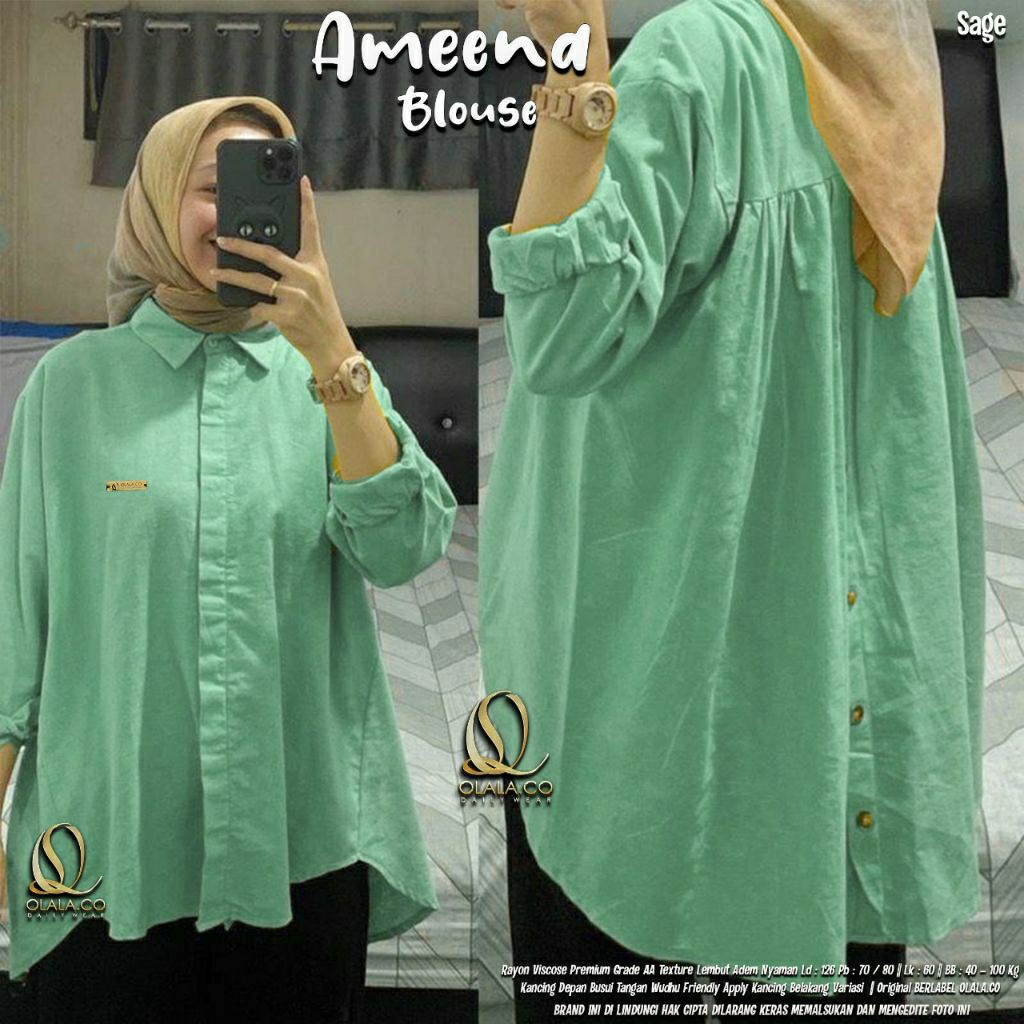 Sage green Amina Kemeja Oversize Ld 110-140 Blouse katun adem jatuh / olala