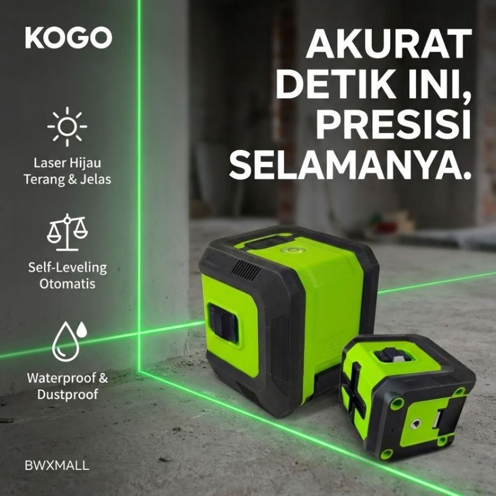 Mesin Waterpass Laser Level Hijau KOGO 2 Garis Self Leveling Otomatis Alat Bantu Tukang Bangunan Pas