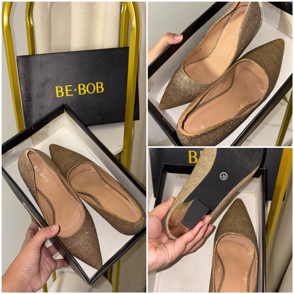 [Termurah] PRELOVED. Ada Defect Sandal Sepatu Pesta BE-BOB warna GOLD. Size: 38, Tinggi Hak 7 CM