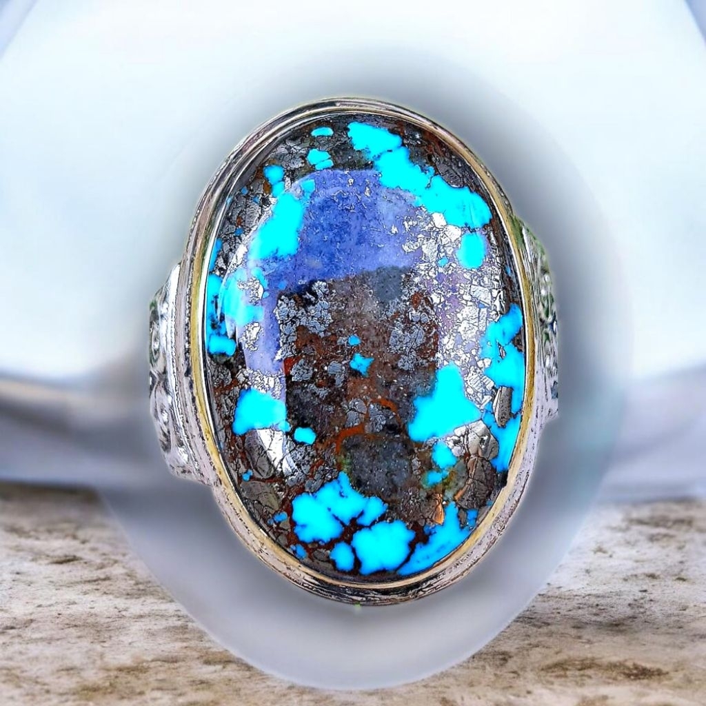 Natural Batu Pirus Persia Biru Serat Badar Perak