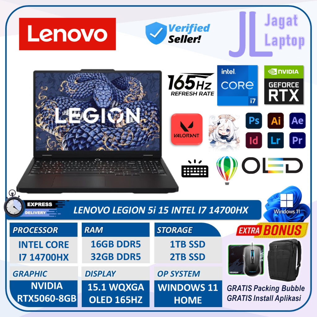 Laptop Gaming Lenovo Legion 5 IRX10 Intel i7 14700HX RTX5060 64GB Ram 2TB SSD 15.1" WQXGA OLED 165Hz