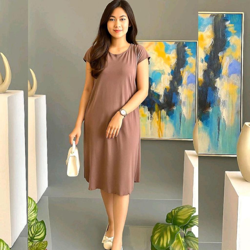 Daster Midi Polos Spandek Jersey Melar LD 110-140cm Polos Hitam Cokelat Maroon Pink Navy Abu Tua / D