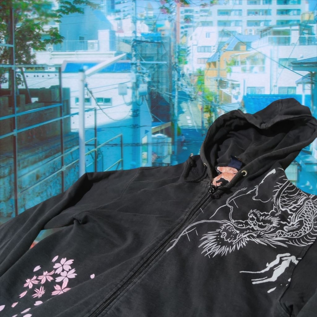 SUKAJAN HOODIE DRAGON SAKURA BORDIR YAKUZA STYLE RARE ITEM