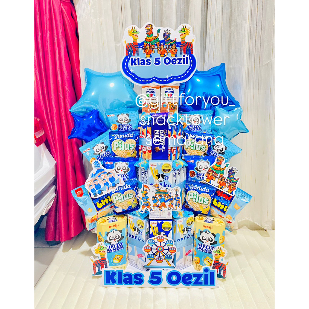 Ready instan snack tower parcell hampers anak snack ultah coklat pocky hellopanda