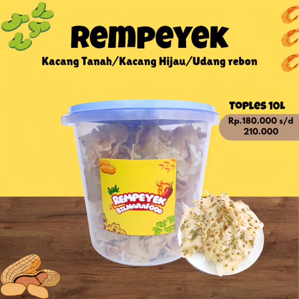 Bilnara Food - Rempeyek 10L Toples Jumbo Renyah Gurih Terlaris Semua Varian | Peyek Udang Rebon | Pe
