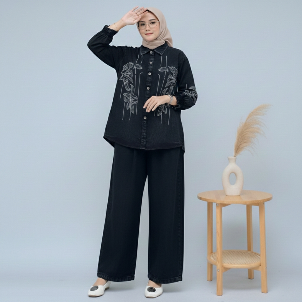 Celosia Set Denim Hitam Motif Bunga Setelan Celana Jeans Highwaist Jumbo