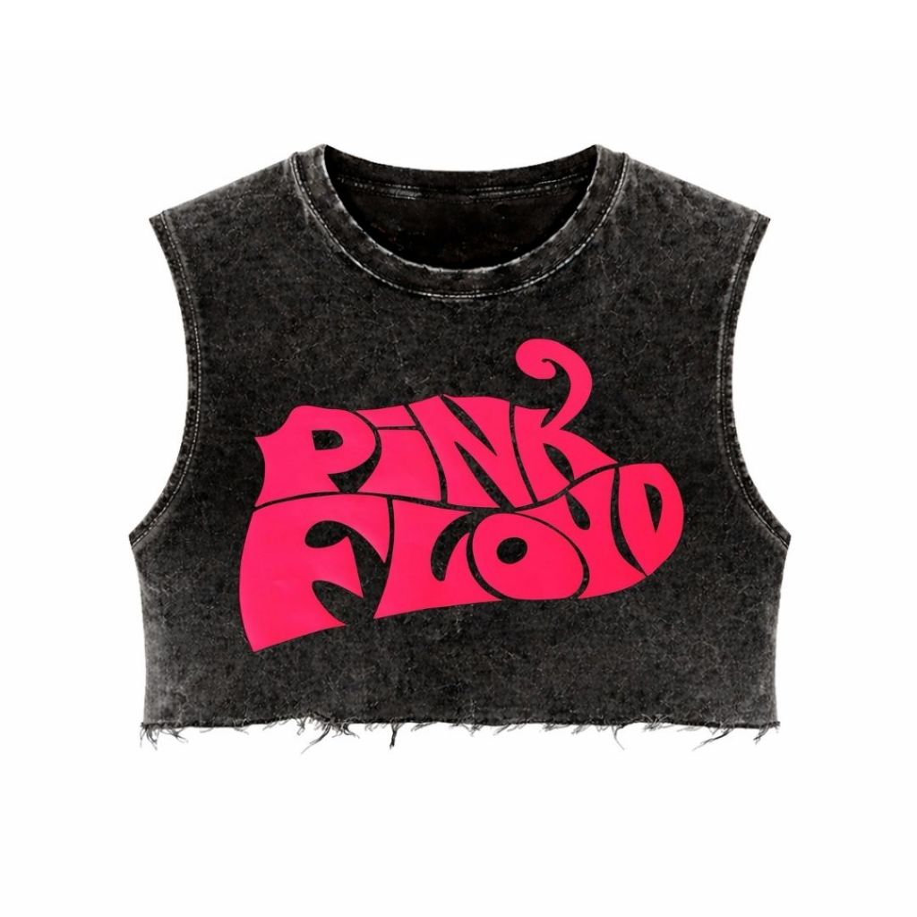 Psycho Crucify "Pink Floyd" Crop Top Sleeveless Oversized T-Shirt | Washing | Crop Tee Unfinished | 