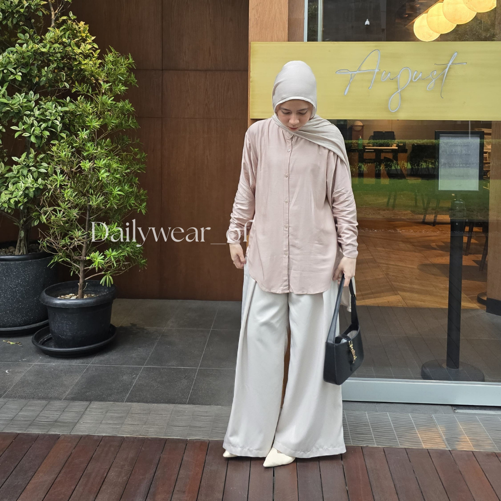 DAILY WEAR OF Kemeja Polos Wanita Elara Krem / Baju Atasan Blouse Wanita Rayon Twill Lengan Panjang