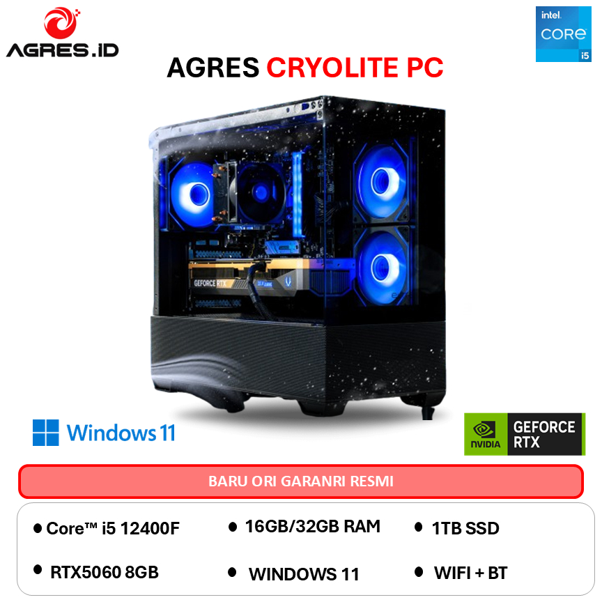 PC RAKITAN CRYOLITE I5 12400F RTX 5060 8G - 32GB 1TB Windows 11 WIFI + BT - GAMING PC