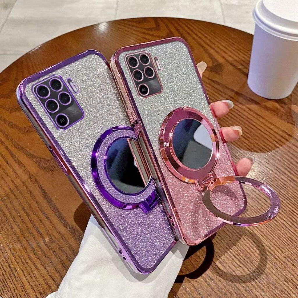Casing OPPO RENO 5F Soft Case Ring Standing Cermin Glitter Mewah Terbaru