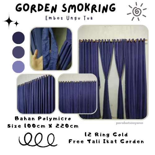 Gorden Smokring – Hordeng 12 Ring Motif [Embos Ungu Tua] 6 Gelombang – Gorden Lubang / Halus Lembut 