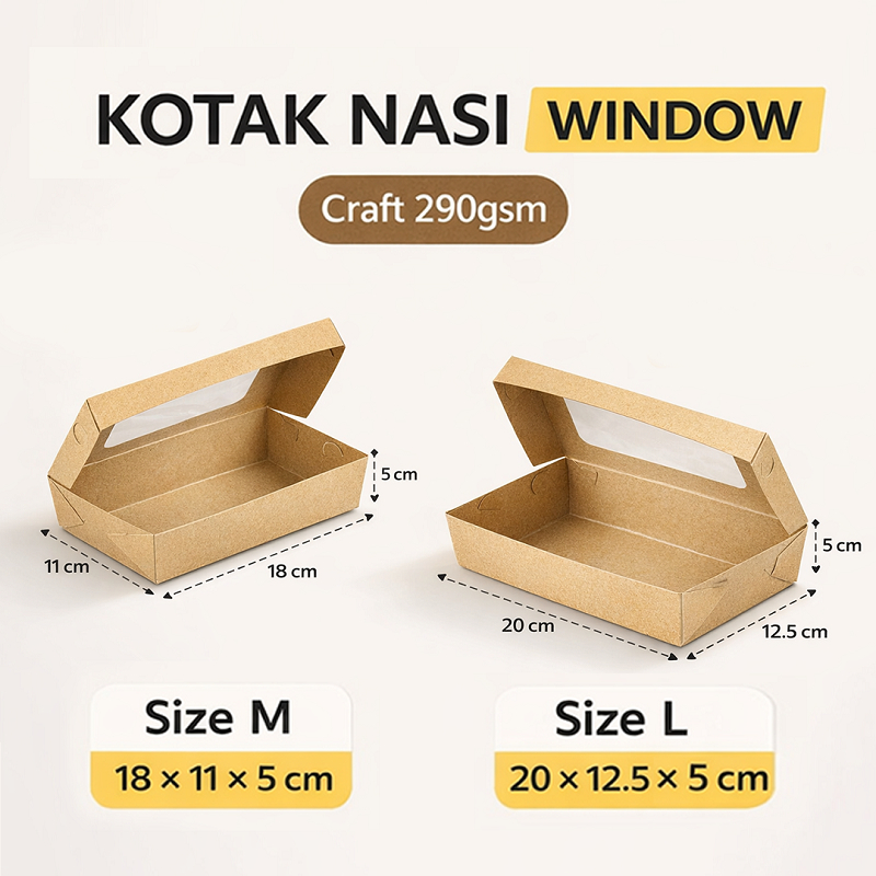 Kotak Nasi Kraft Polos / Paper Lunch Box Window Laminasi Ukuran M L / Packaging Souvenir