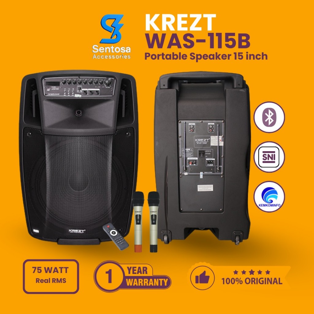 KREZT WAS-115B Speaker Portable 15 Inch + 2 Mic Wireless UHF Bluetooth Trolley