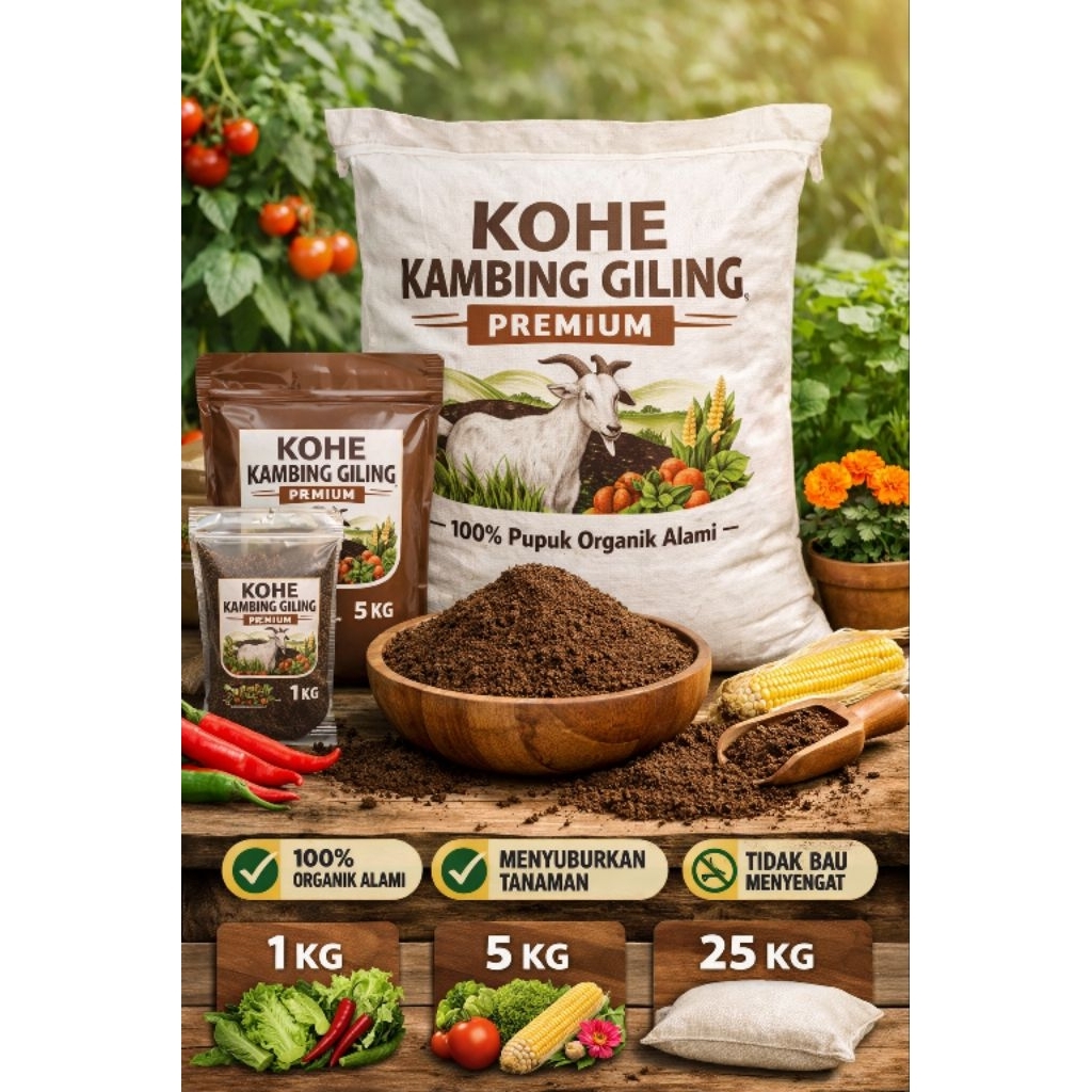 pupuk organik kohe kambing giling kemasan karung 25kg.