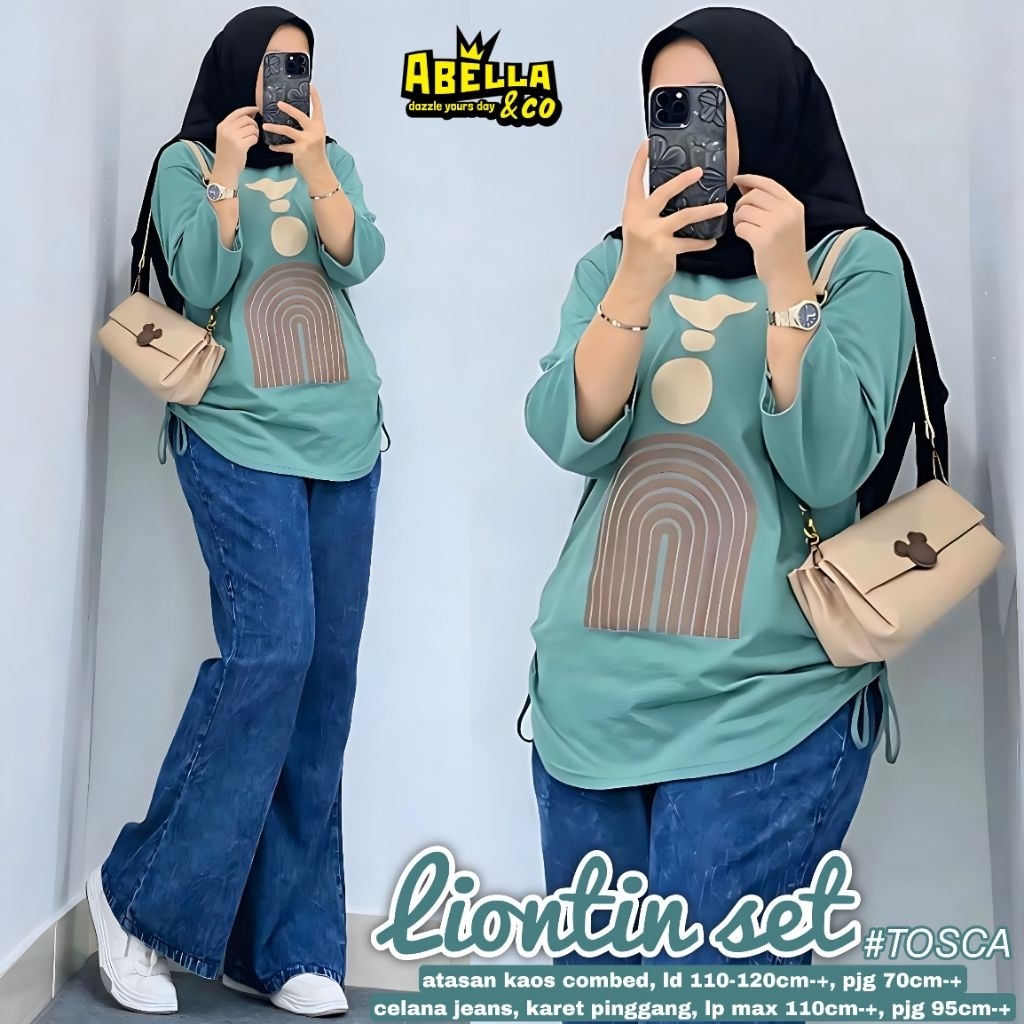 LIONTIN ATILA BOANA SET ORIGINAL BY ABELLA&CO BAHAN ATASAN KAOS COMBED DAN CELANA JEANS KARET PINGGA