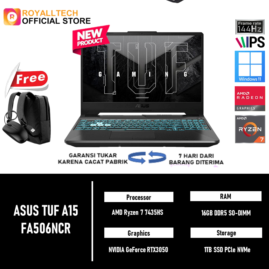 LAPTOP ASUS TUF A15 FA506NCR RYZEN 7 7435HS RTX3050 4GB - RAM 8GB 512GB WINDOWS 11 15.6FHD LAPTOP GA