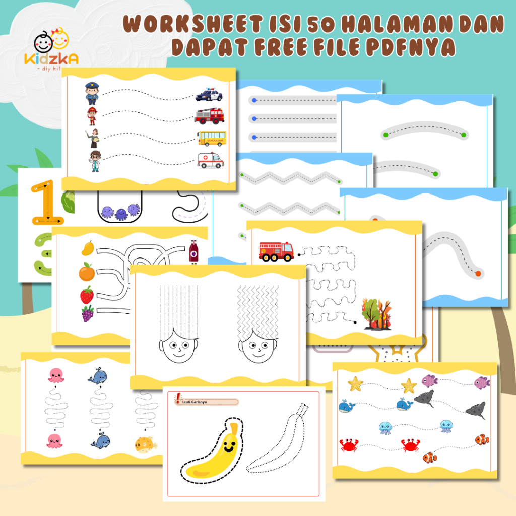 50 Lembar Worksheet full color Anak PAUD / TK  Aktivitas Menulis, Belajar Menulis Bonus File PDF Wor