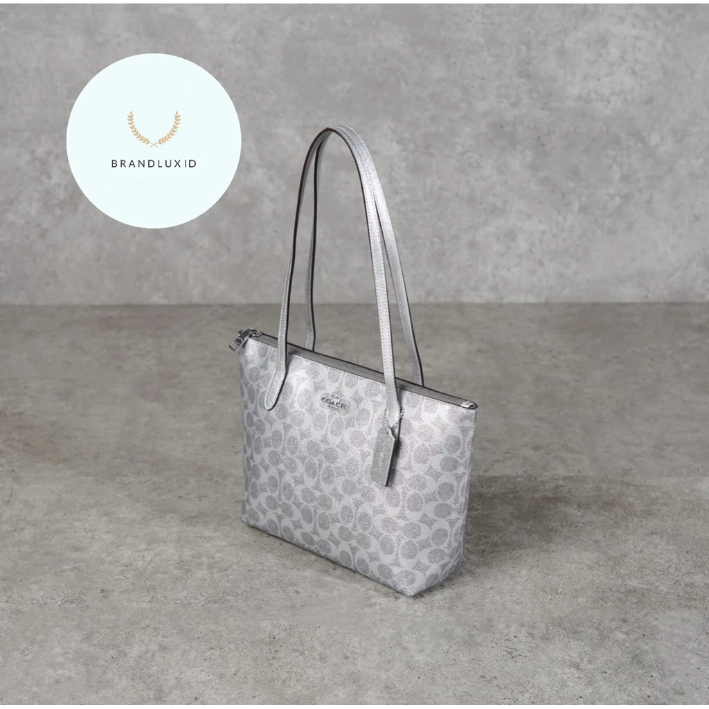 Coach Fiona Signature Monogram Zip Tote Bag in Metallic Silver, Brown & Blue