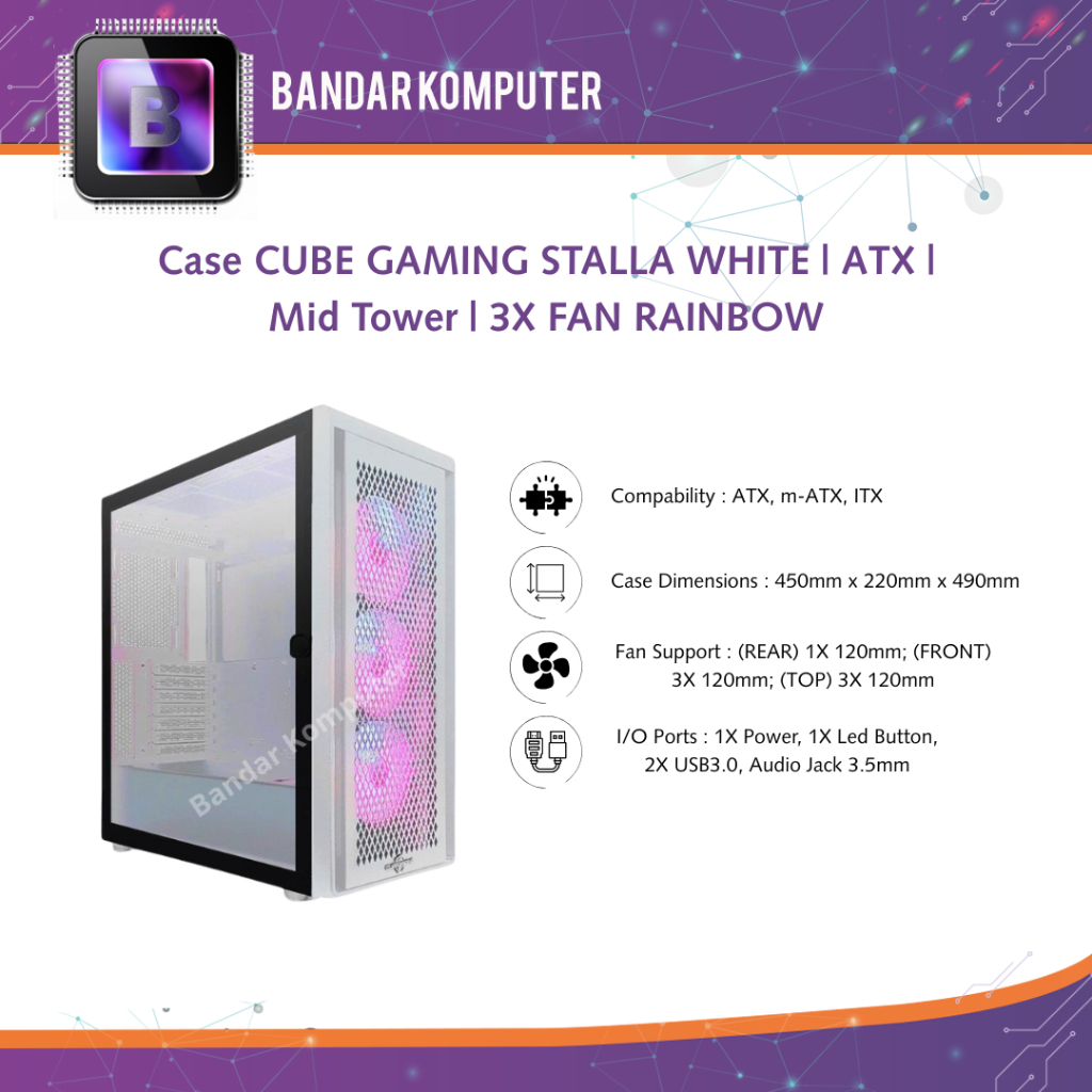 Casing PC CUBE GAMING STALLA WHITE ATX GLASS DOOR FREE 3 FAN