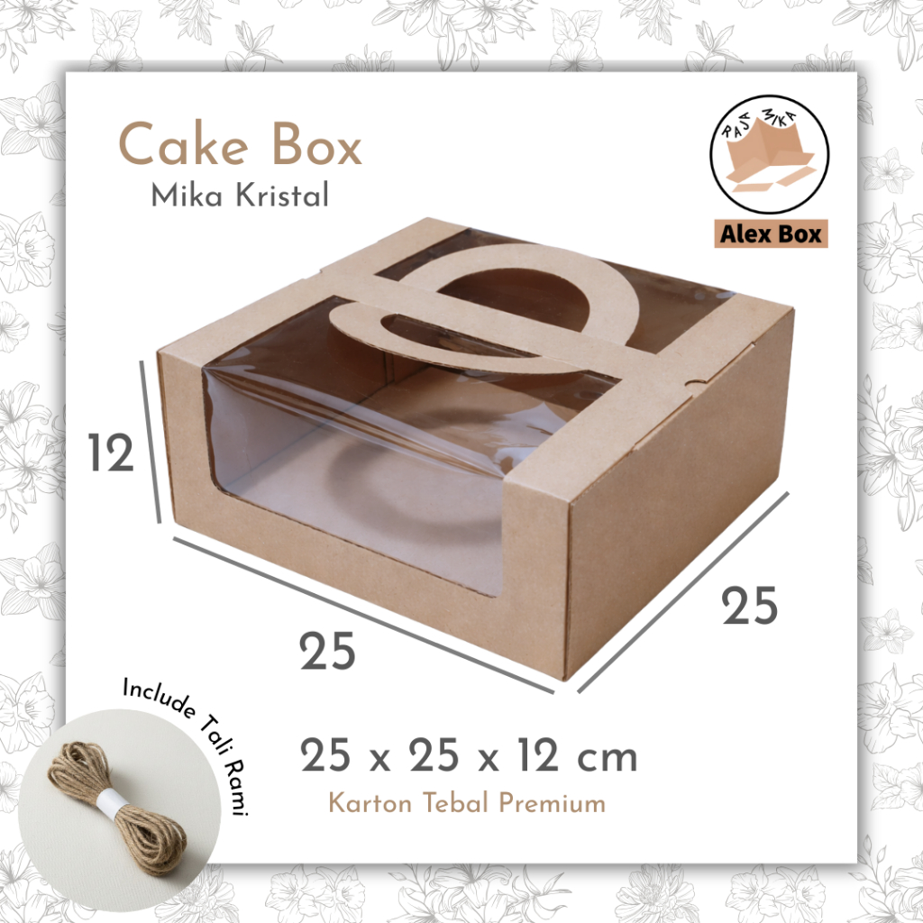 Box Kue Mika Kristal 25x25x12 cm Premium Tebal – Cake Box Jinjing Handle Brown Kraft - Include Tali 