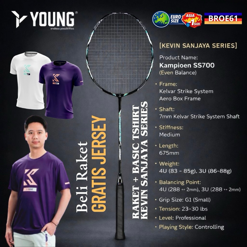 Young Kampioen SS700 SS800 SS900 Raket Badminton Kevin Sanjaya Beli Raket Bonus Jersey Basic T-Shirt