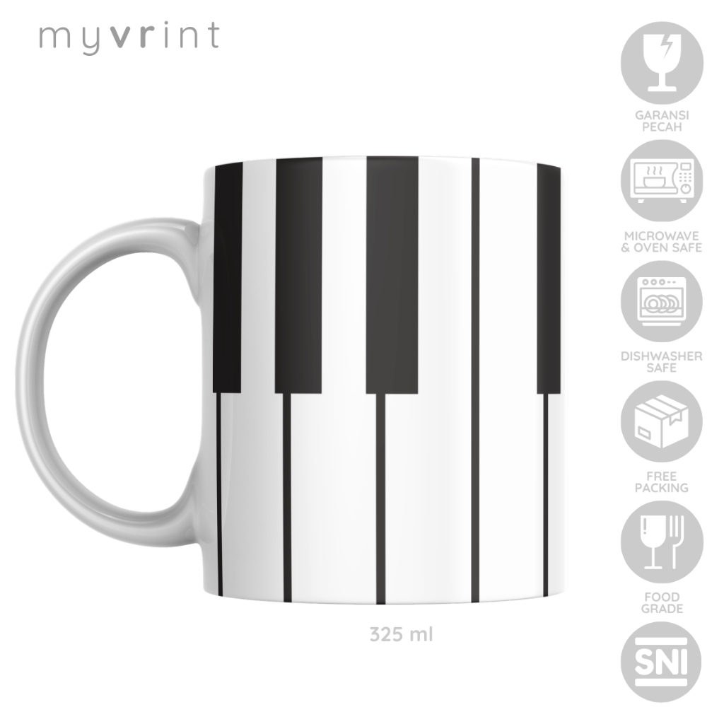 Mug Custom Motif Piano Gelas Kopi Teh Cangkir Lucu Gambar Piano Hitam Putih Monokrom Musik