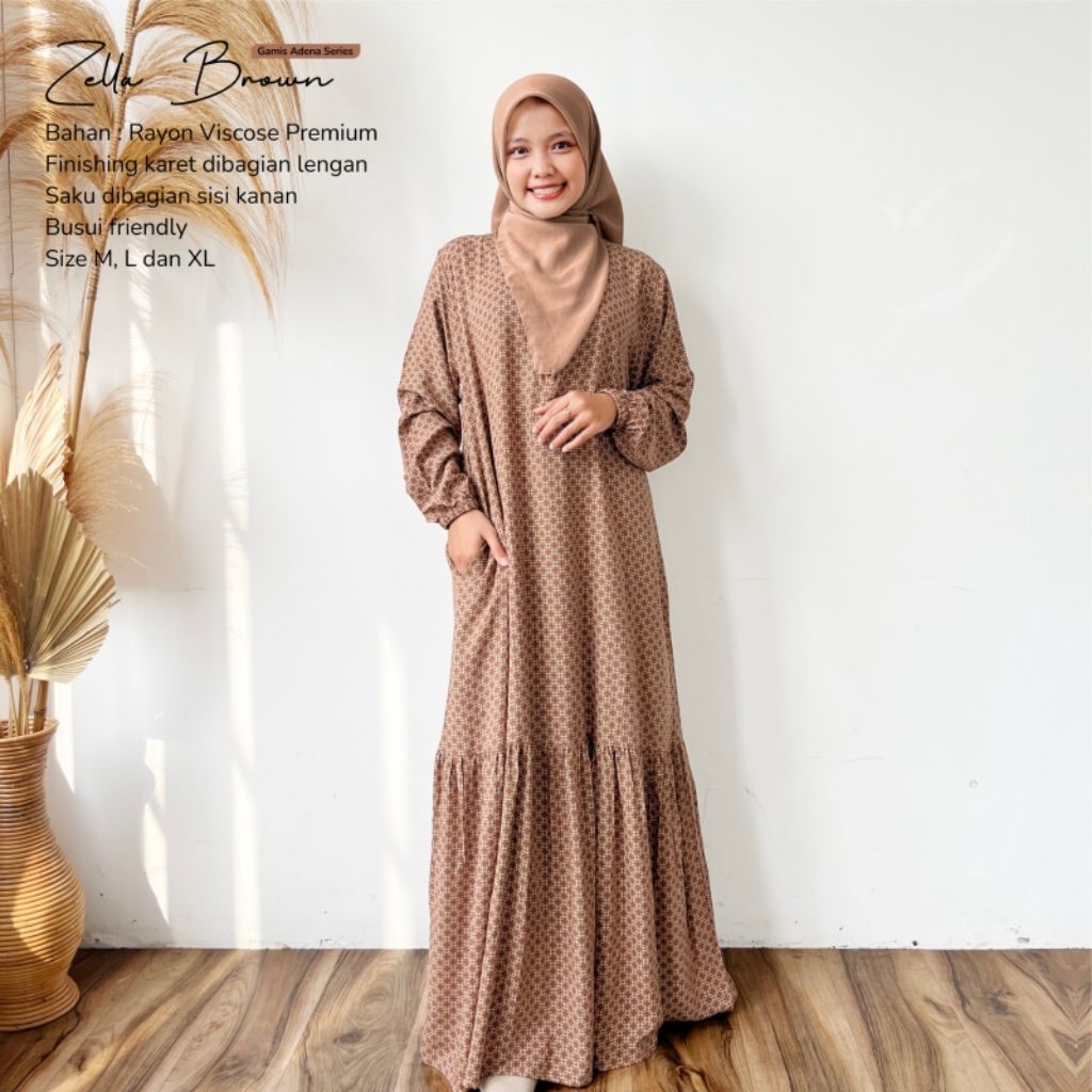 Adena Series Gamis Rayon Viscose Wanita Lengan Karet Tali Pinggang Size M L XL
