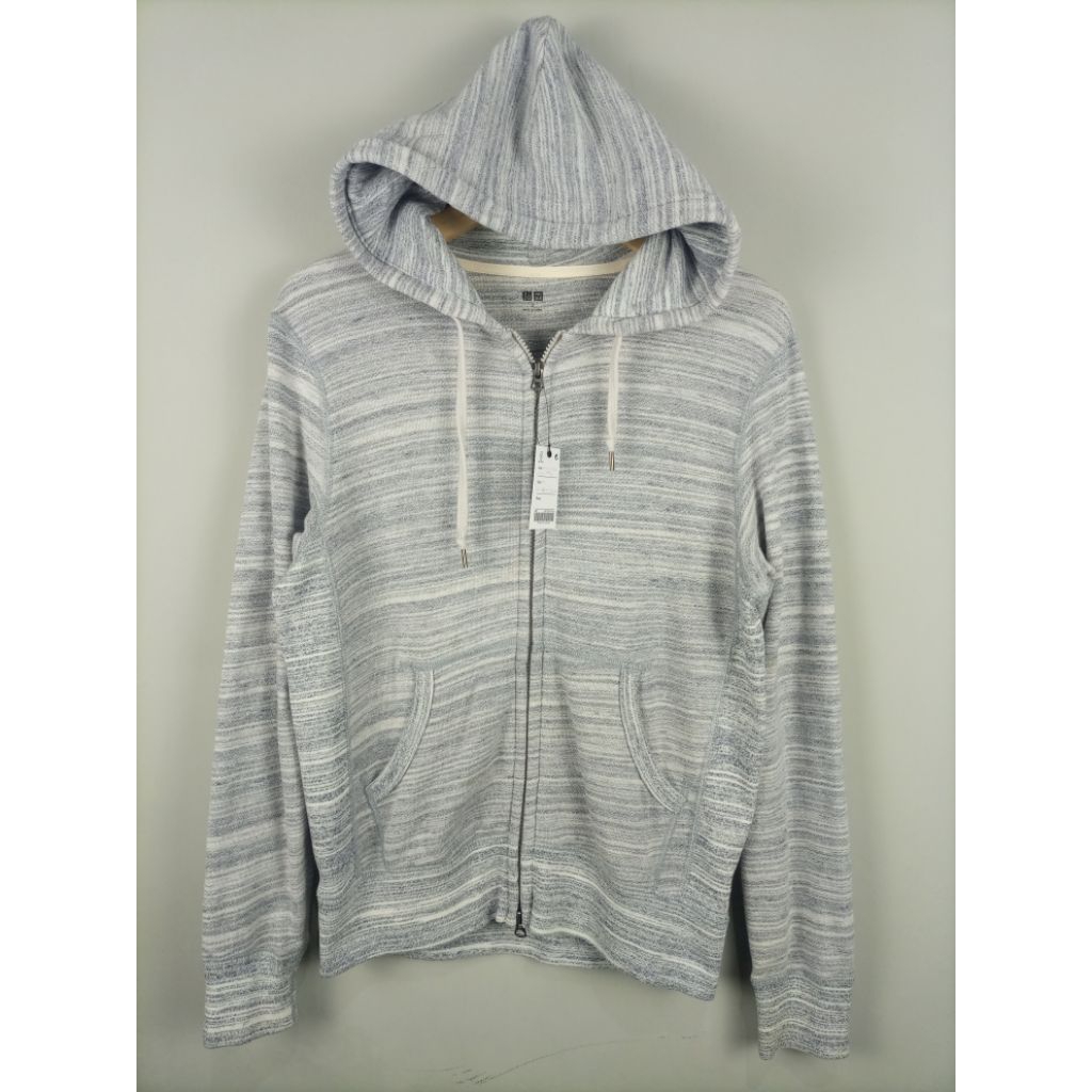 Jaket Uniqlo Hodie Ziper Original_Salur Abu Putih Misty_Size Masuk M
