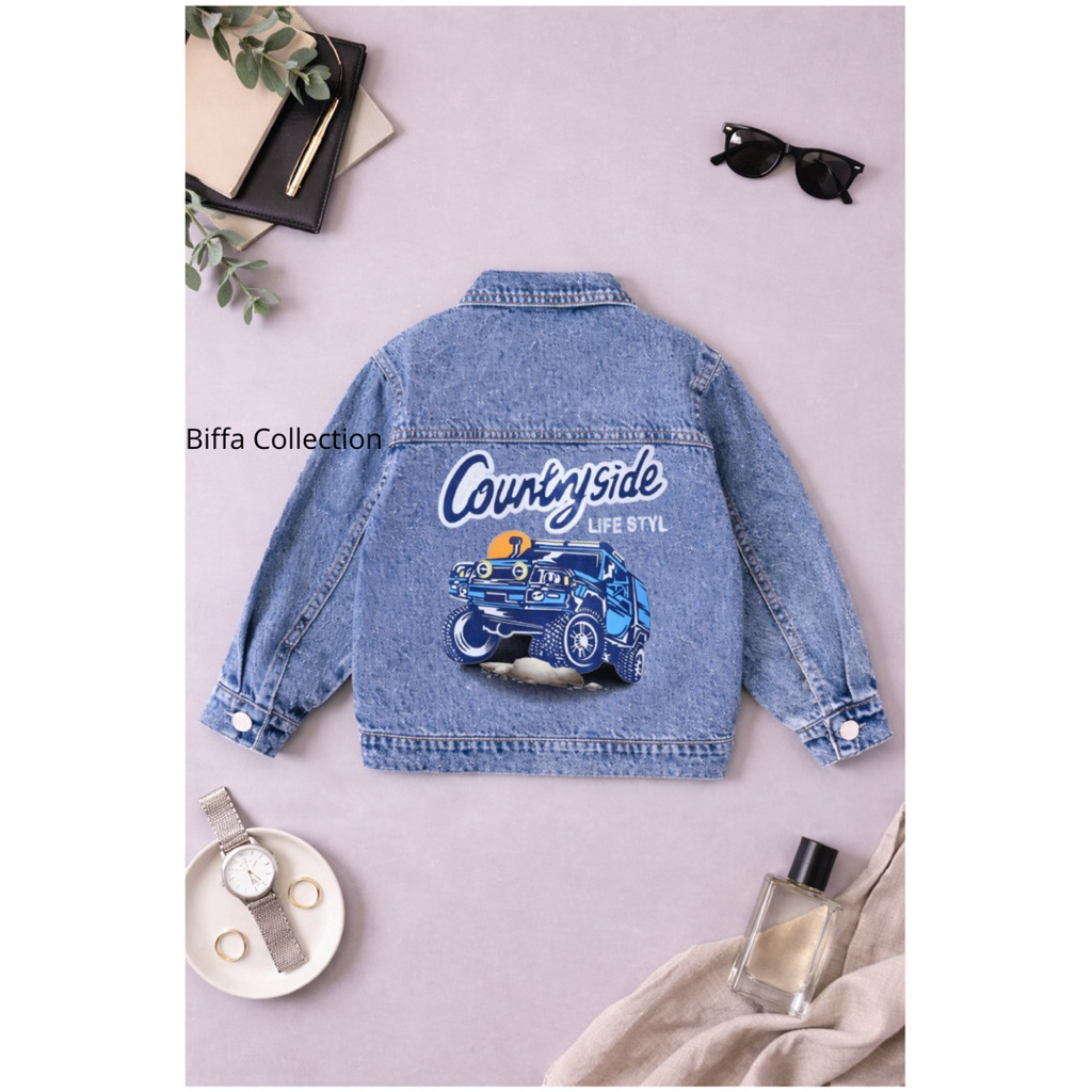 Jaket Anak Laki laki Perempuan Unisex Mobil Jepp | Jaket Jeans Karakter | Jaket Jeans Anak Perempuan