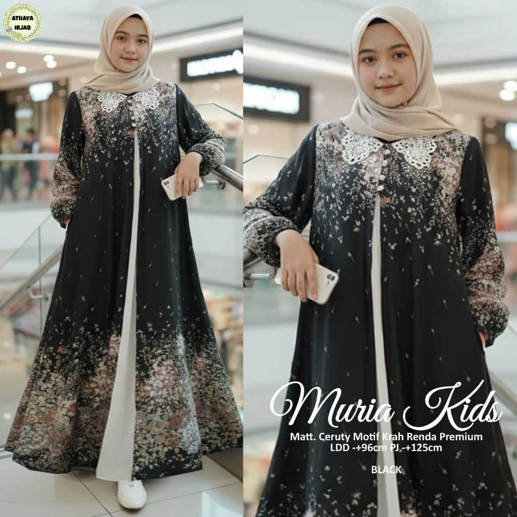 Muria Kids Gamis Syar'i Anak Remaja Original ATHAYA HIJAB Ceruty Motif Krah Renda Premium Full Furin