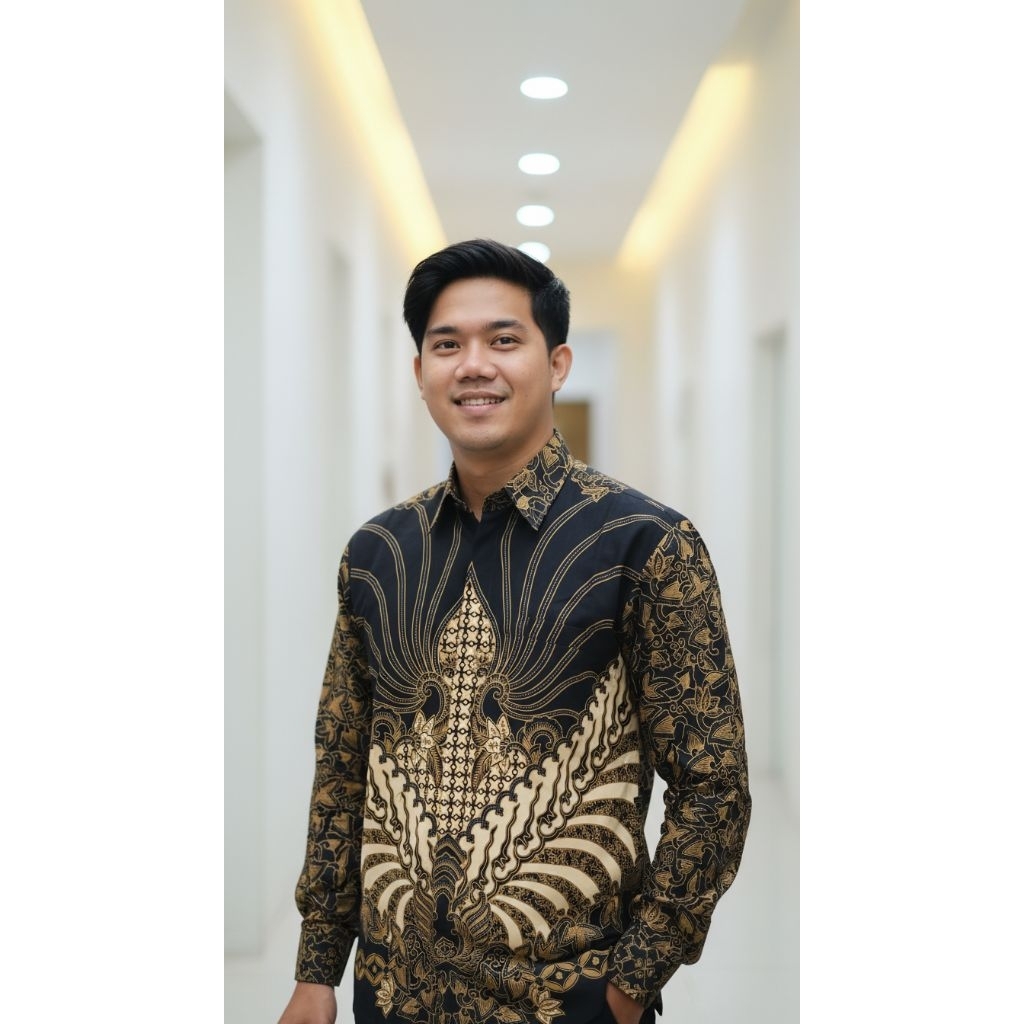Baju Batik Premium Pria Dewasa Reguler LENGAN PANJANG Motif SAWUNG HITAM Kain Katun Lapisan Furing B