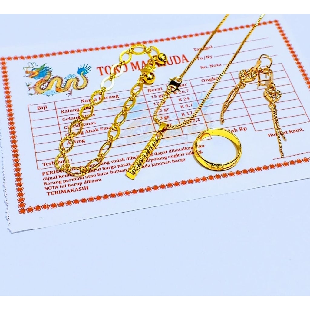 Set perhiasan wanita berlapis emas muda kalung Itali