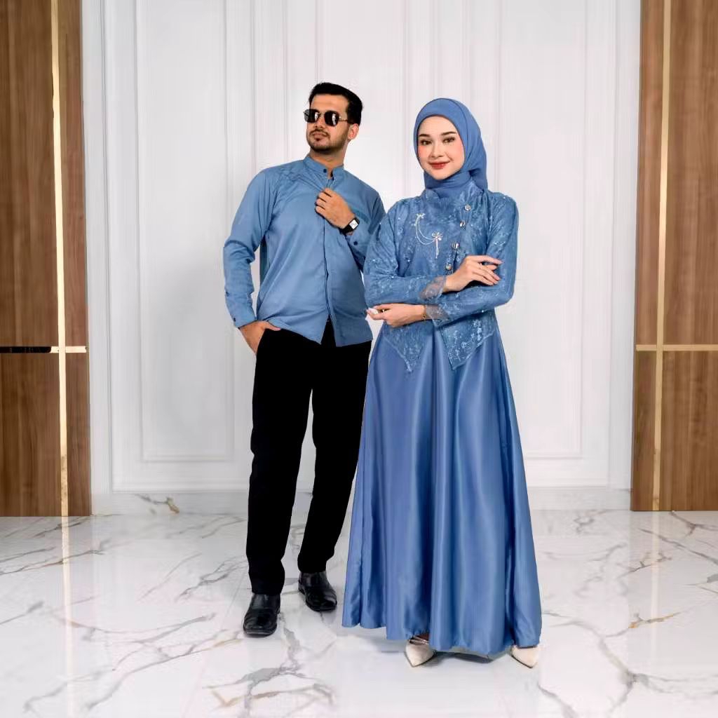 SET SAHARA DRESS DENIM ORI COUPLE KEMEJA KOKO PREMIUM / CUSTOM ANAK & JUMBO / BAJU SERAGAM BATIK PAS