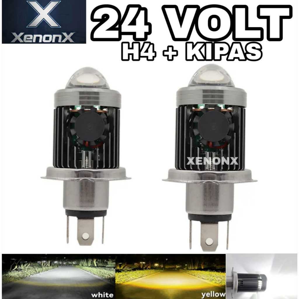 Lampu LED Utama Depan 24 Volt H4 Kipas Pendingin Laser Gun High Low 2 Warna Putih Kuning D3 Truk Bus