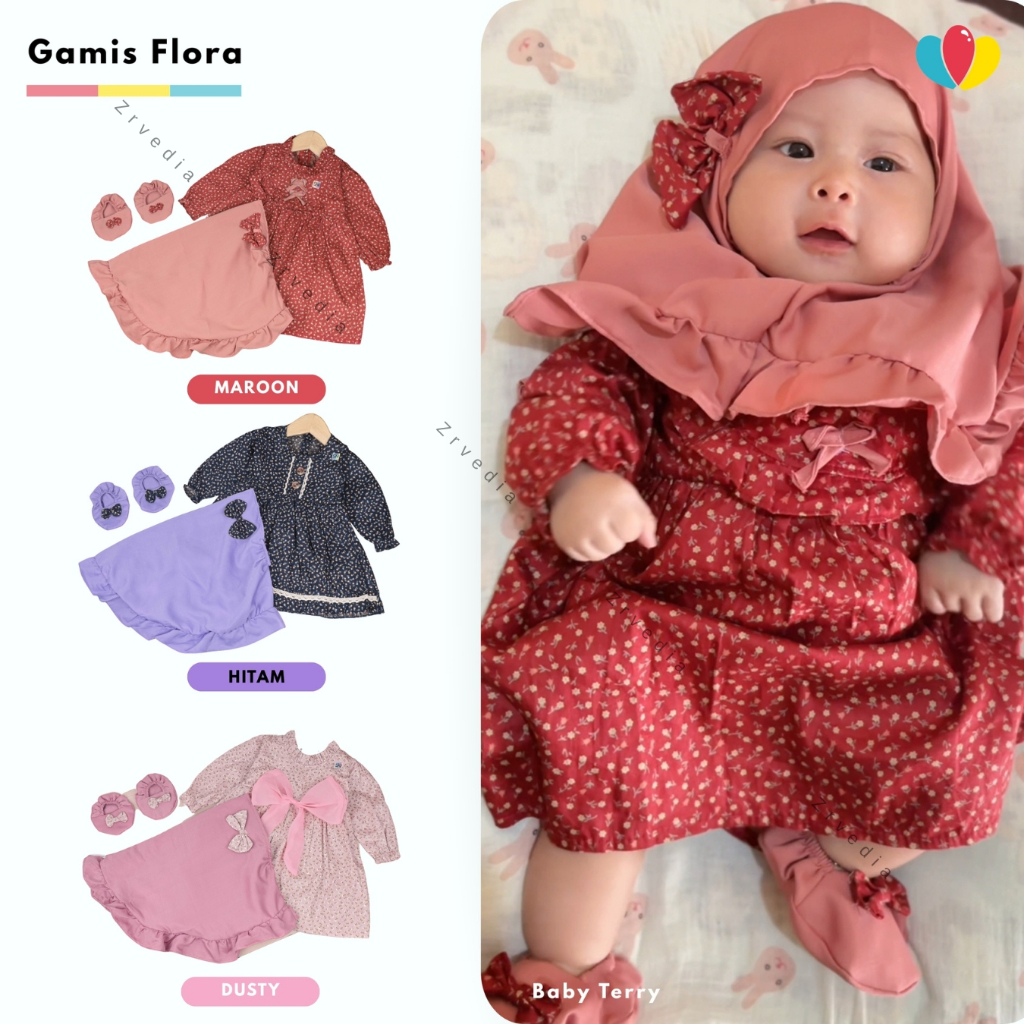 (SNI) Gamis Flora uk 0-12 Bulan Bayi Perempuan / Gratis Jilbab Sepatu Dress Dres Baju Muslim Anak Ba