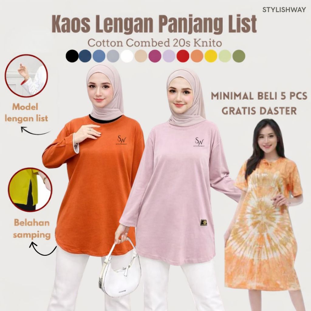 STYLISHWAY Baju Kaos Polos Wanita Lengan Panjang List Kain Katun Combed 20S Knito Benang Jahit 3 Gar