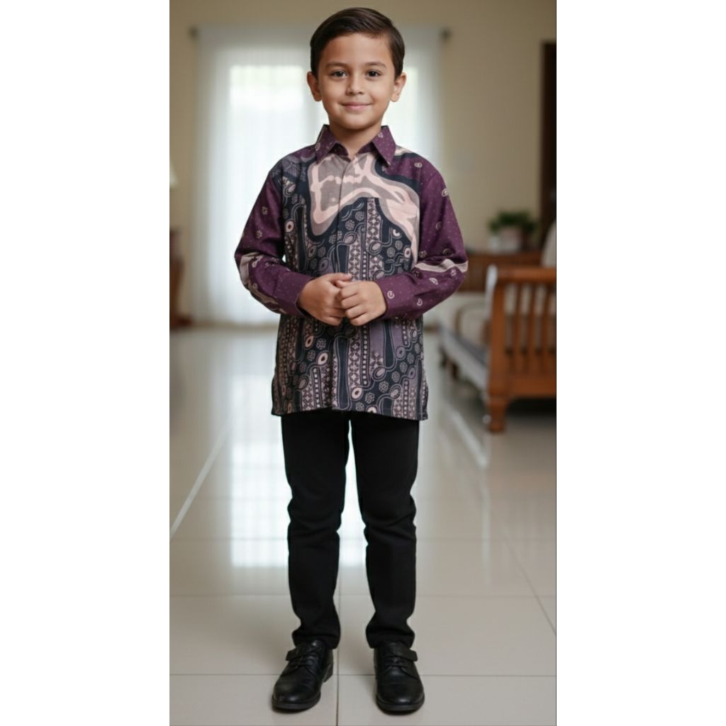 baju koko batik anak motif wirawan burgundi