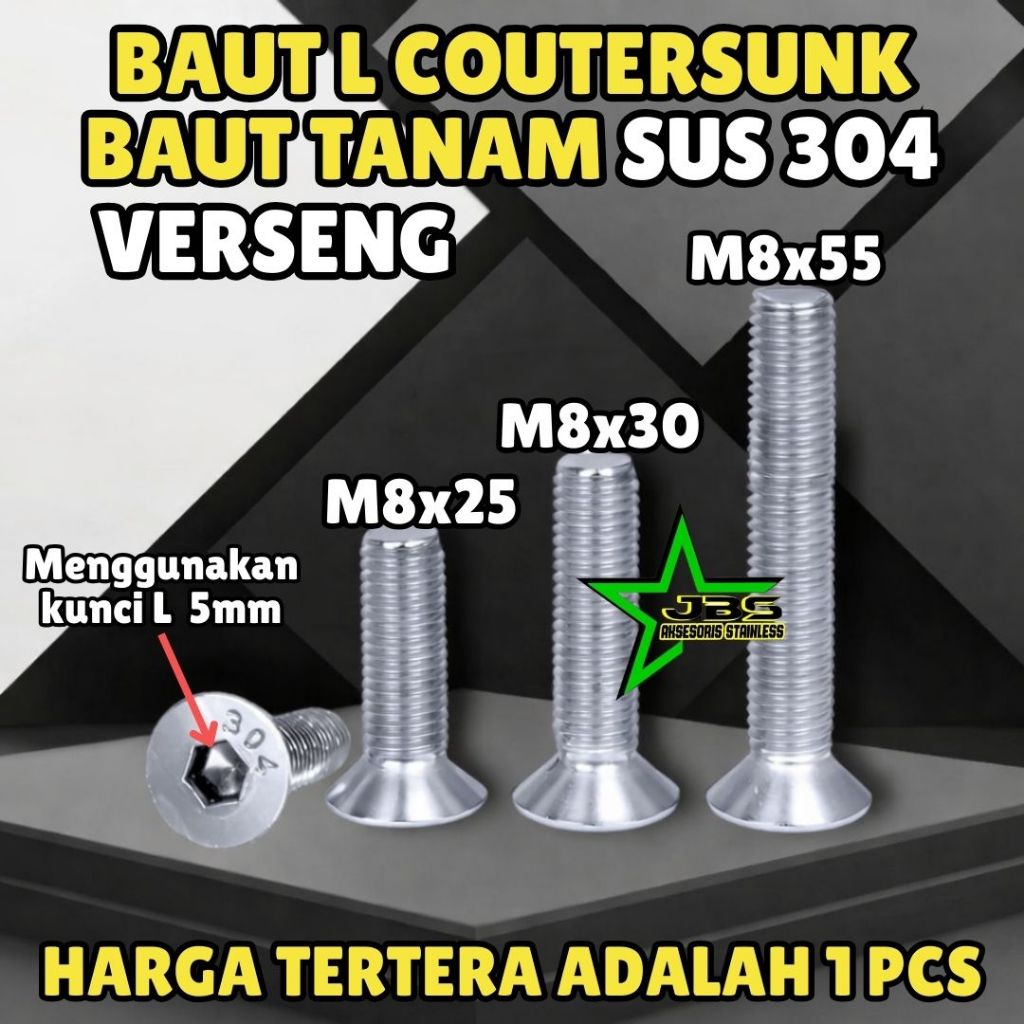 BAUT L TANAM VERSENG M8x30 | M8X55 STAINLESS SS 304 - BAUT L COUNTERSUNK