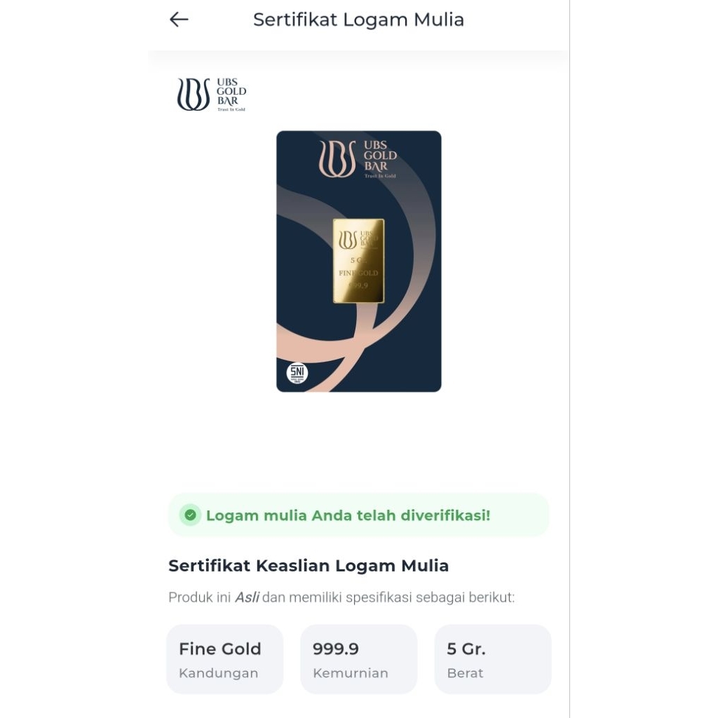 Logam Mulia Emas Batangan UBS 5 Gram Murni 24 Karat